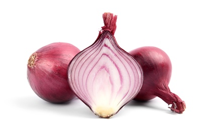 Ripe red onions on white background