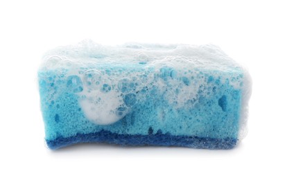 Photo of Light blue cleaning sponge with foam on white background