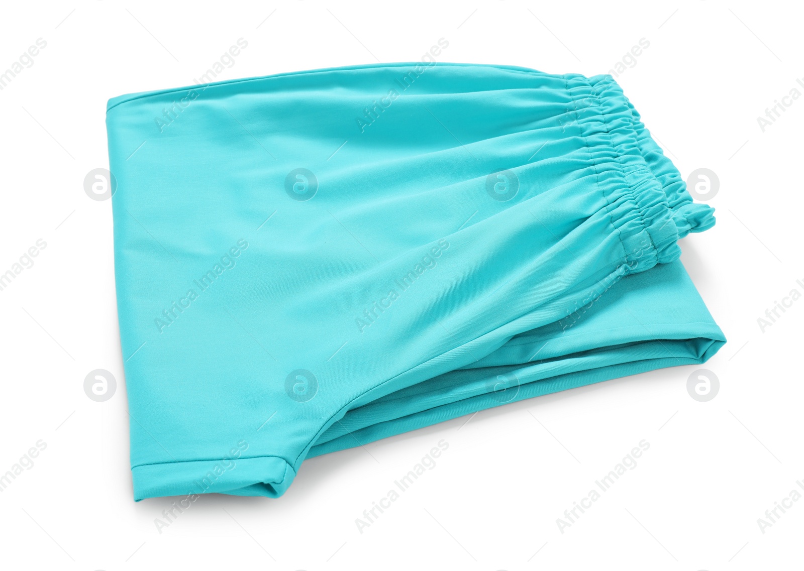 Photo of Clean turquoise medical uniform isolated on white