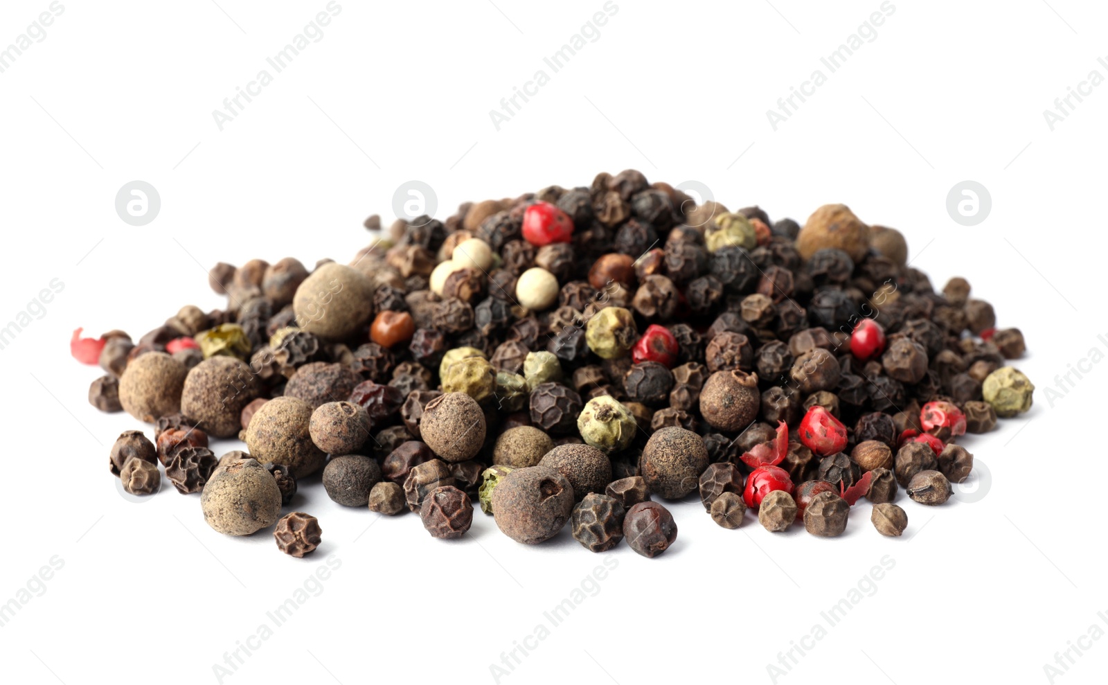 Photo of Mix of different pepper grains isolated on white