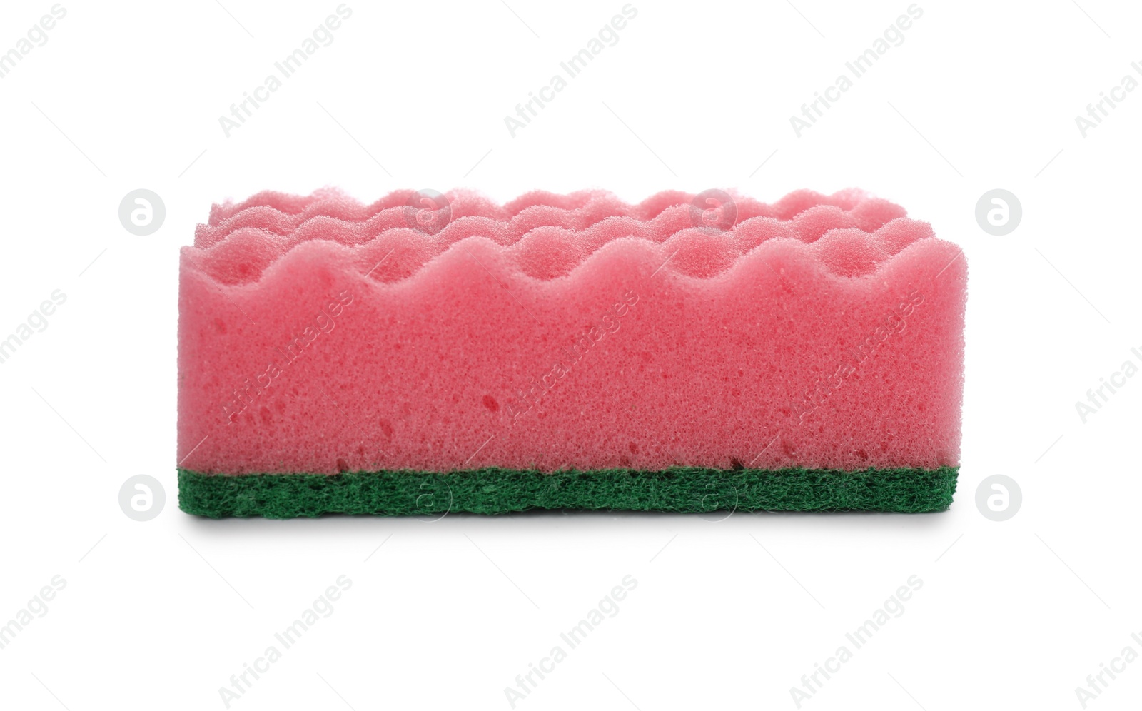 Photo of Pink cleaning sponge with abrasive green scourer isolated on white