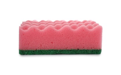 Pink cleaning sponge with abrasive green scourer isolated on white