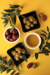 Photo of Bowl of oil, olives and tree twigs on yellow background, flat lay