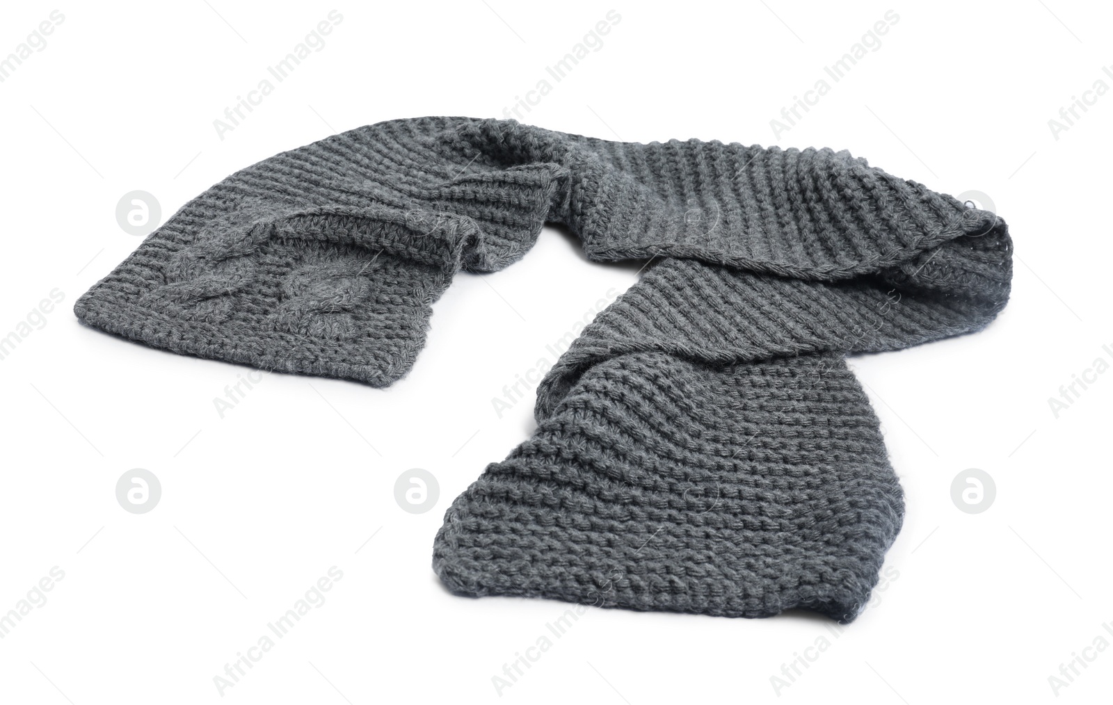 Photo of One grey knitted scarf on white background