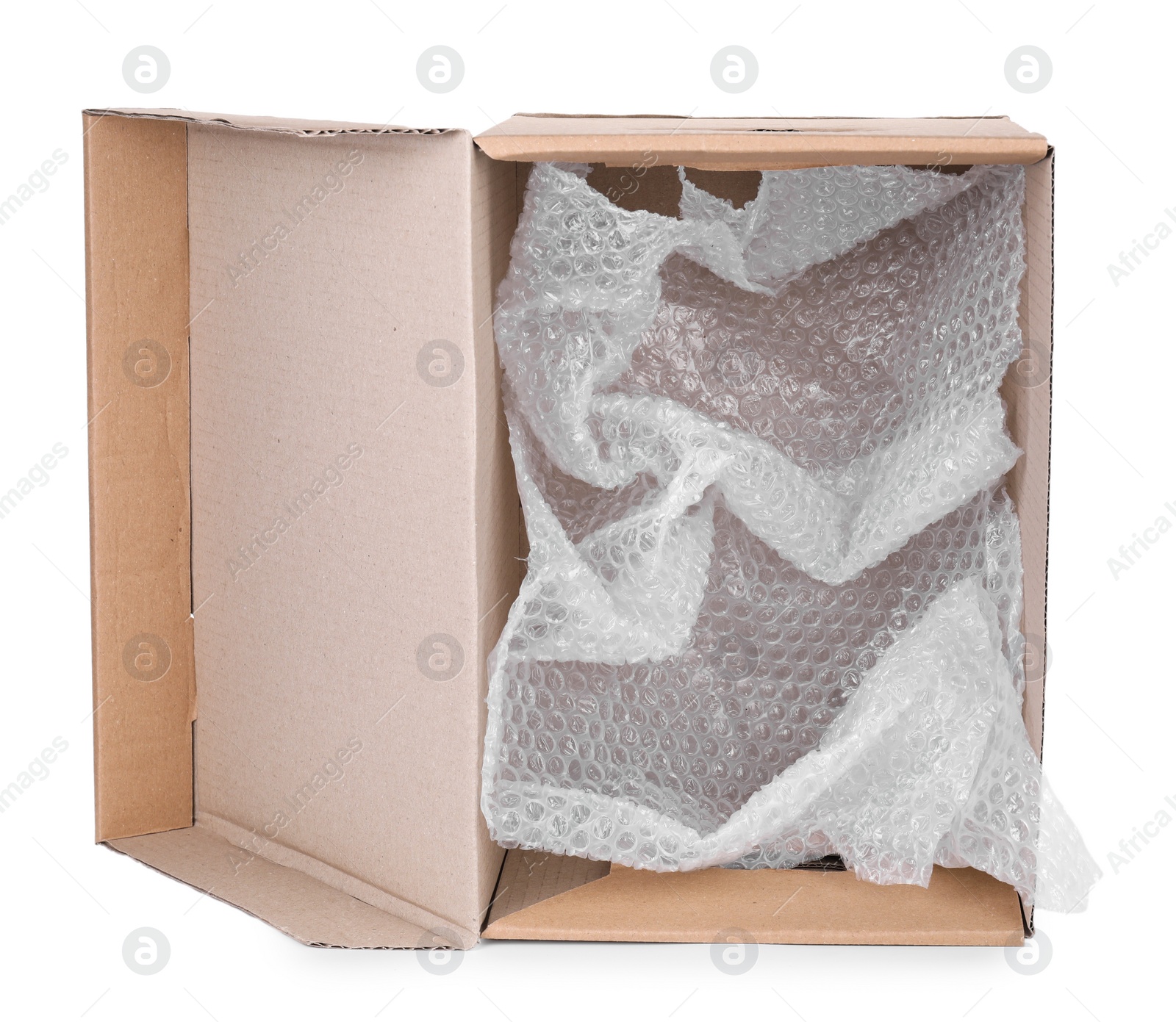 Photo of Transparent bubble wrap in cardboard box isolated on white