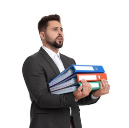 Stressful man with folders on white background