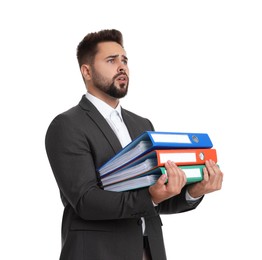 Photo of Stressful man with folders on white background