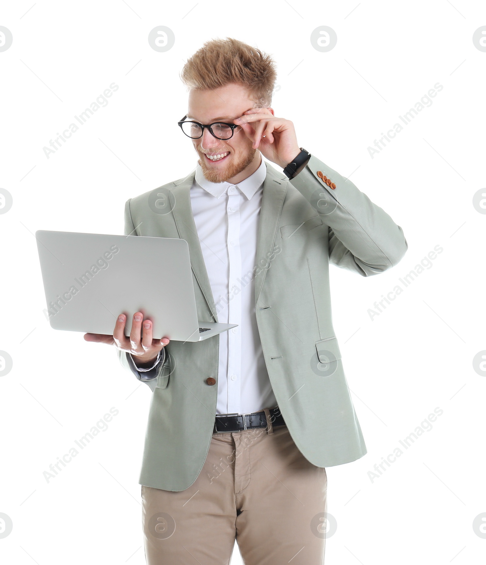 Photo of Young man with laptop on white background