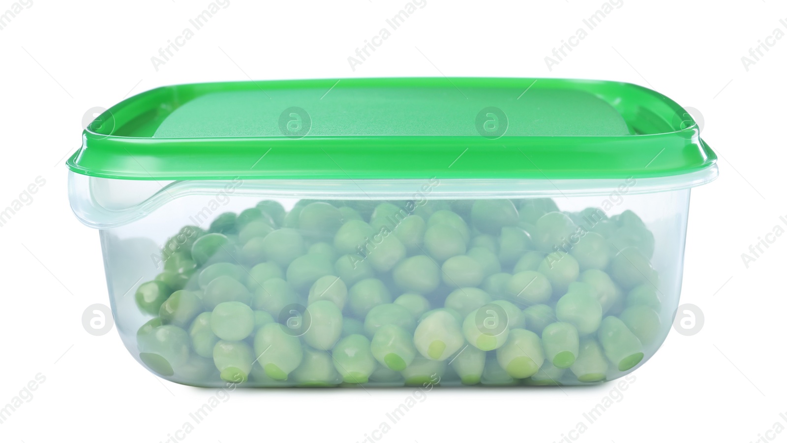 Photo of Fresh peas in plastic container isolated on white
