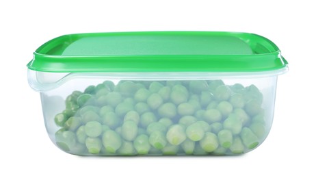 Fresh peas in plastic container isolated on white