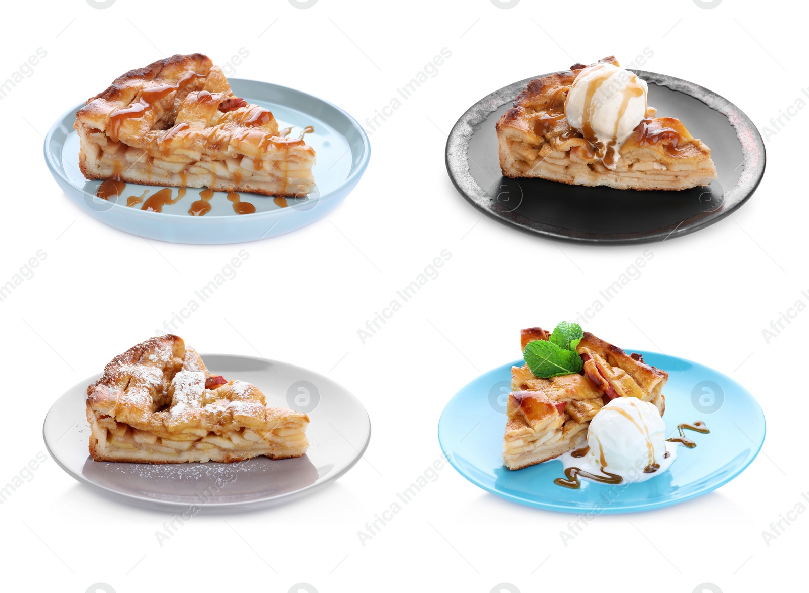 Image of Set with slices of traditional apple pies on white background