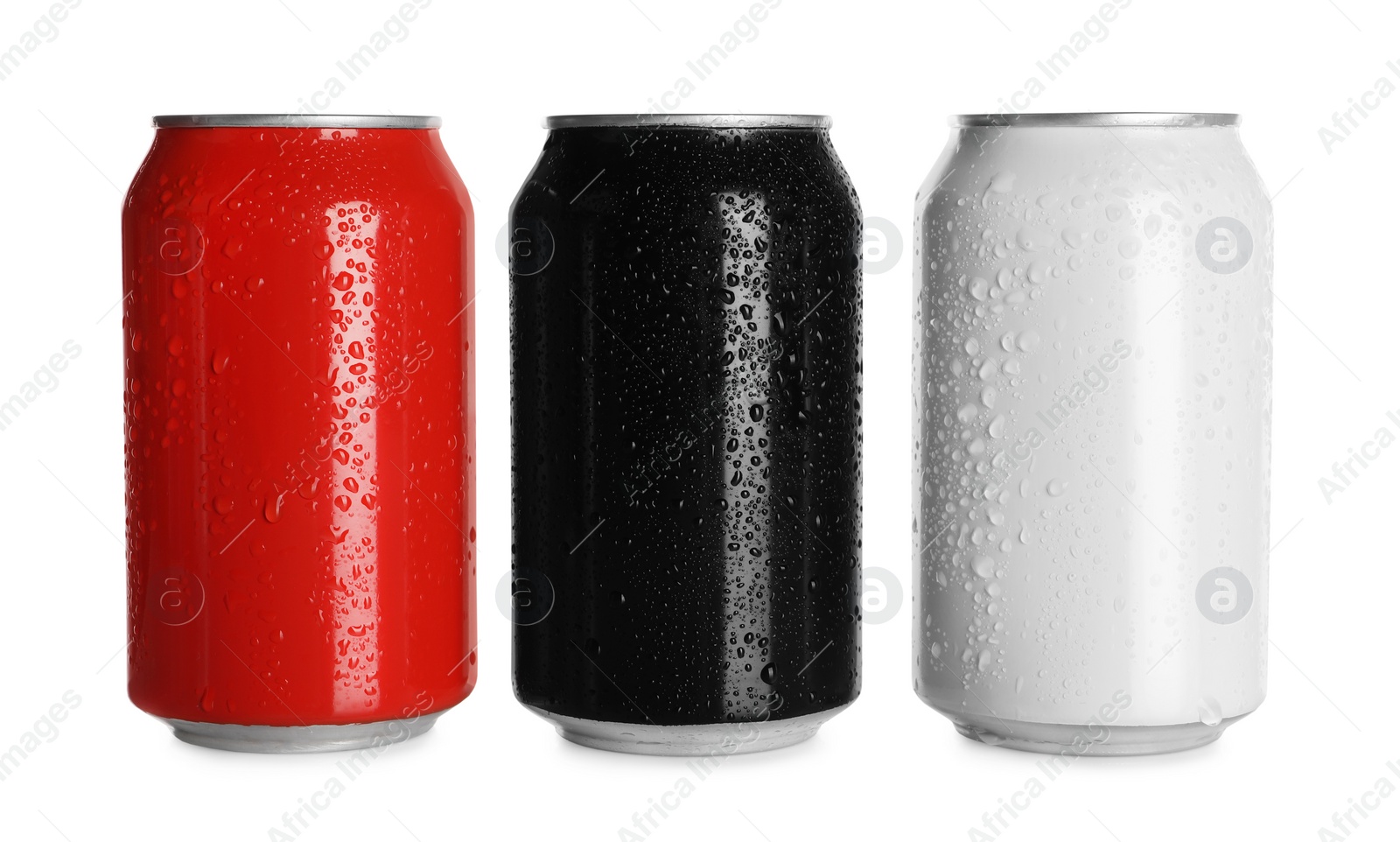 Photo of Aluminum cans with drinks on white background