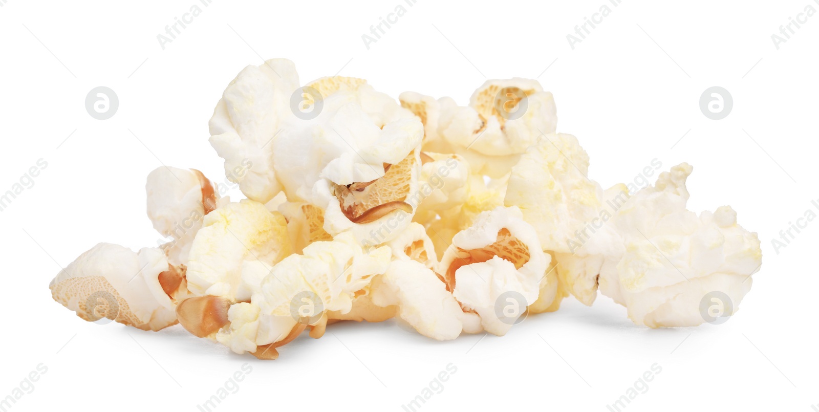 Photo of Fresh popcorn isolated on white. Tasty snack