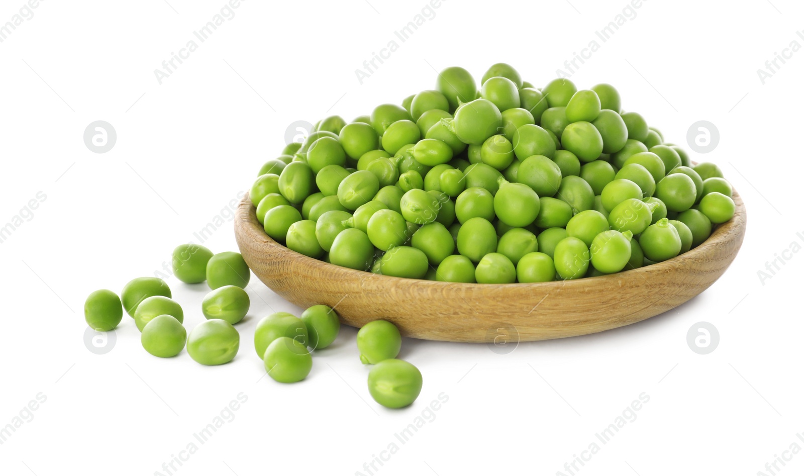 Photo of Fresh raw green peas on white background