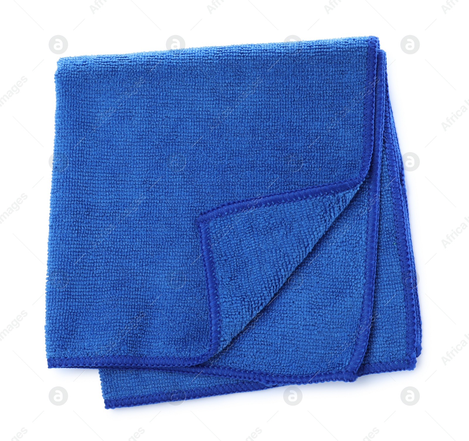 Photo of Blue microfiber cloth isolated on white, top view