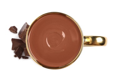 Photo of Yummy hot chocolate in cup on white background, top view