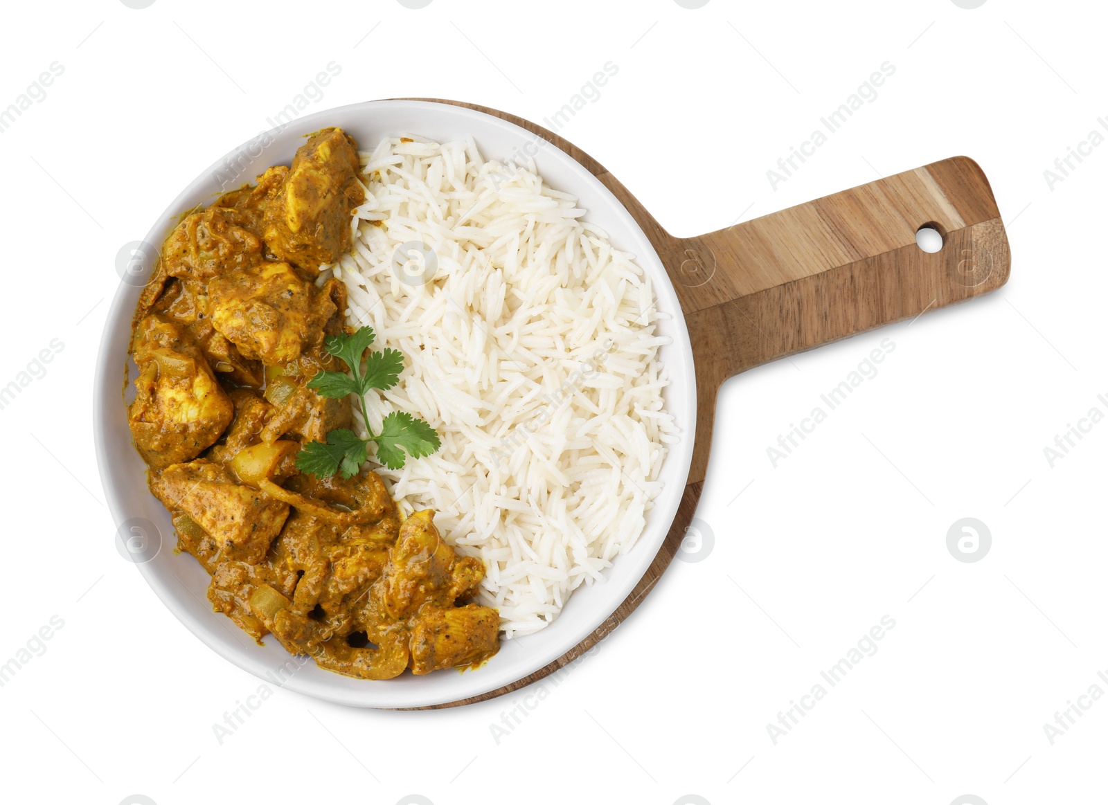 Photo of Delicious chicken curry with rice isolated on white, top view