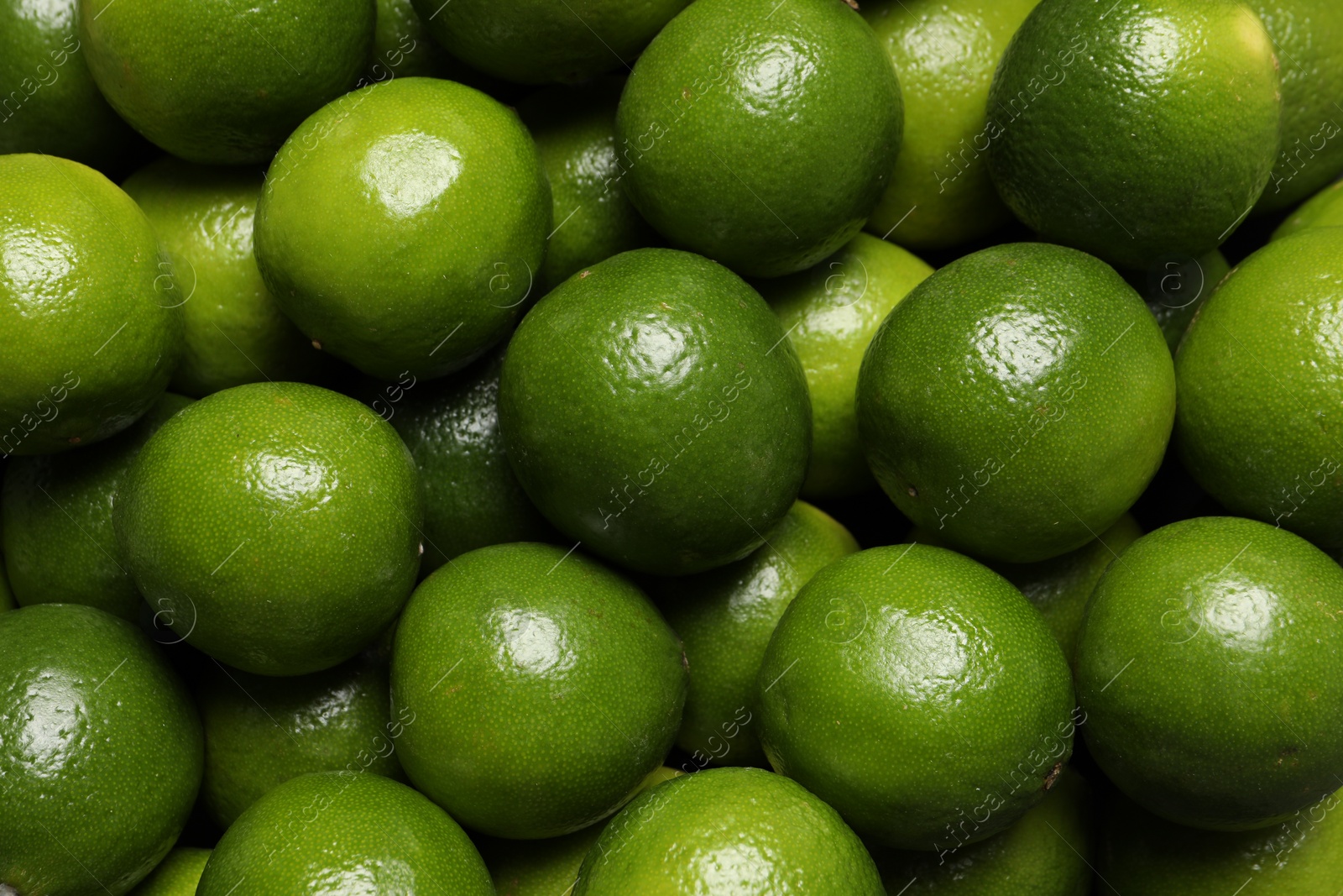 Photo of Many fresh ripe limes as background, top view