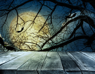 Wooden surface and bats flying in night sky with full moon. Halloween illustration