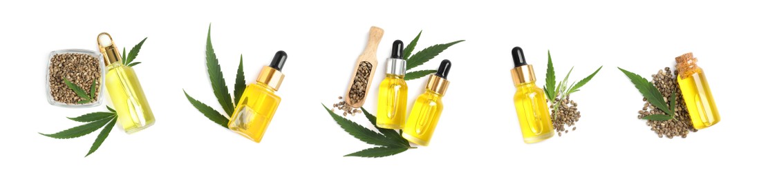 Image of Set with hemp oil, seeds and leaves on white background, top view. Banner design