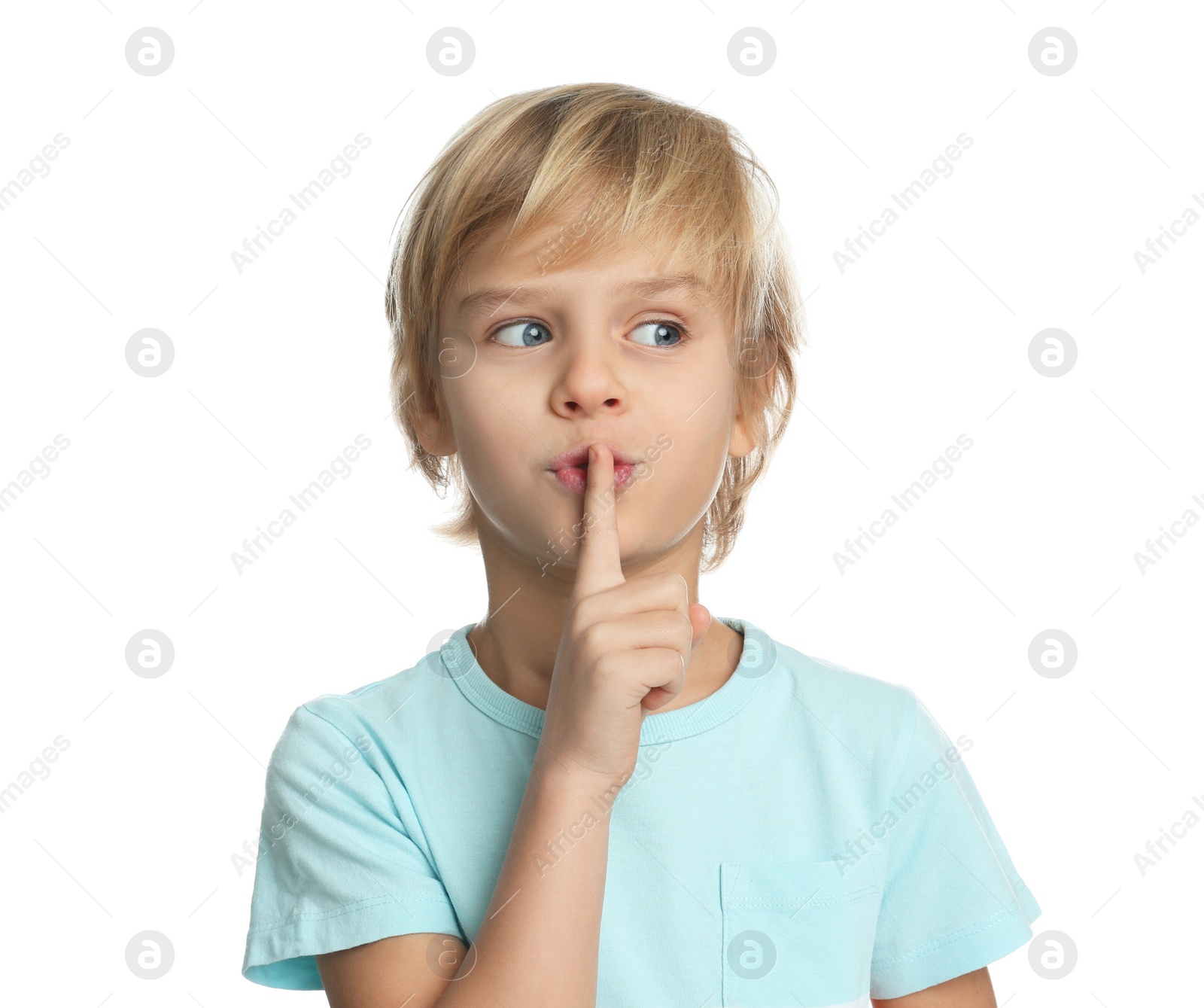 Photo of Portrait of cute little boy on white background