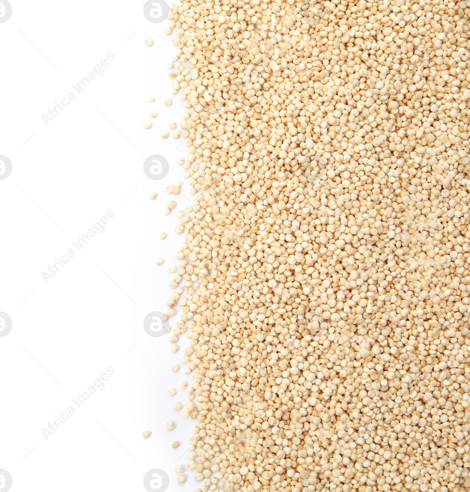 Photo of Raw quinoa and space for text on white background, top view