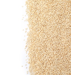 Photo of Raw quinoa and space for text on white background, top view