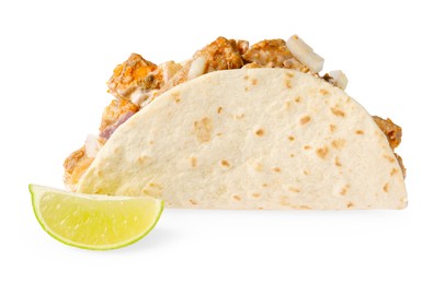 Photo of Delicious taco with meat, onion and lime isolated on white