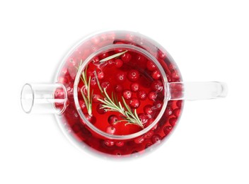 Photo of Tasty hot cranberry tea with rosemary in glass teapot isolated on white, top view