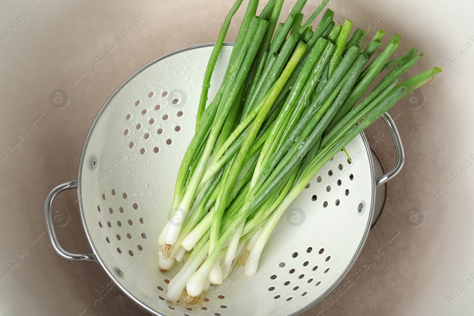 Photo of Colander with bunch of fresh green onions in kitchen sink