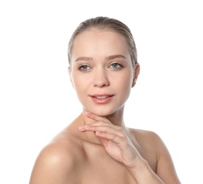 Photo of Portrait of beautiful young woman on white background. Lips contouring, skin care and cosmetic surgery concept