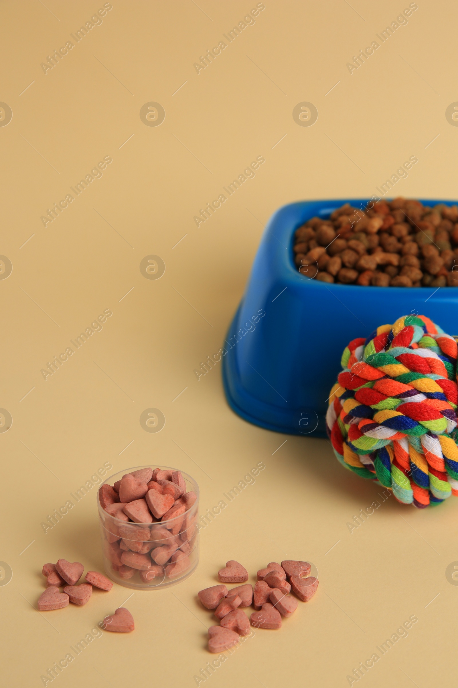 Photo of Vitamins, toy and dry pet food in bowl on beige background