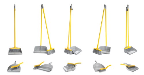 Image of Set with plastic brooms and dustpans on white background. Banner design