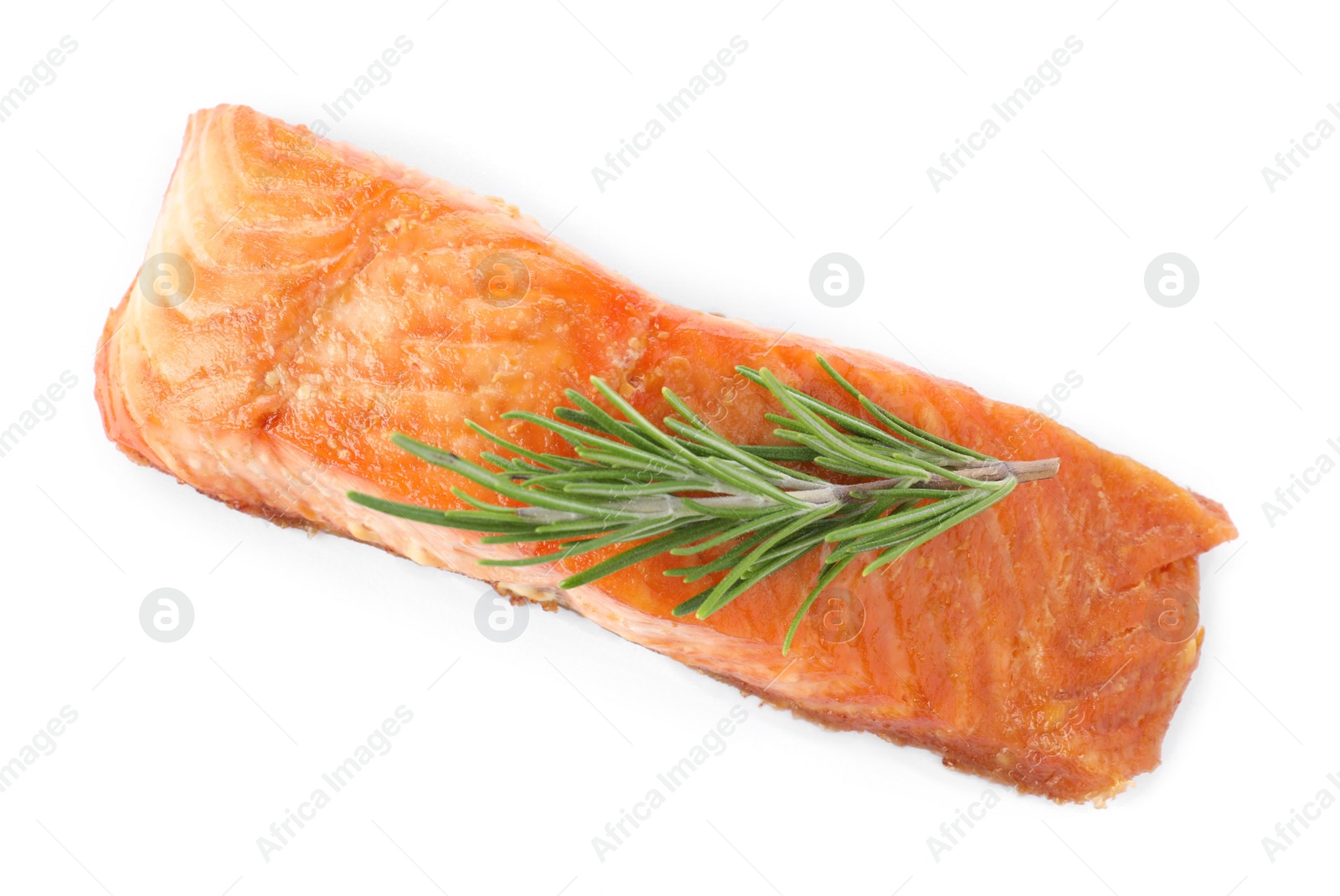 Photo of Delicious roasted fish with rosemary isolated on white, above view