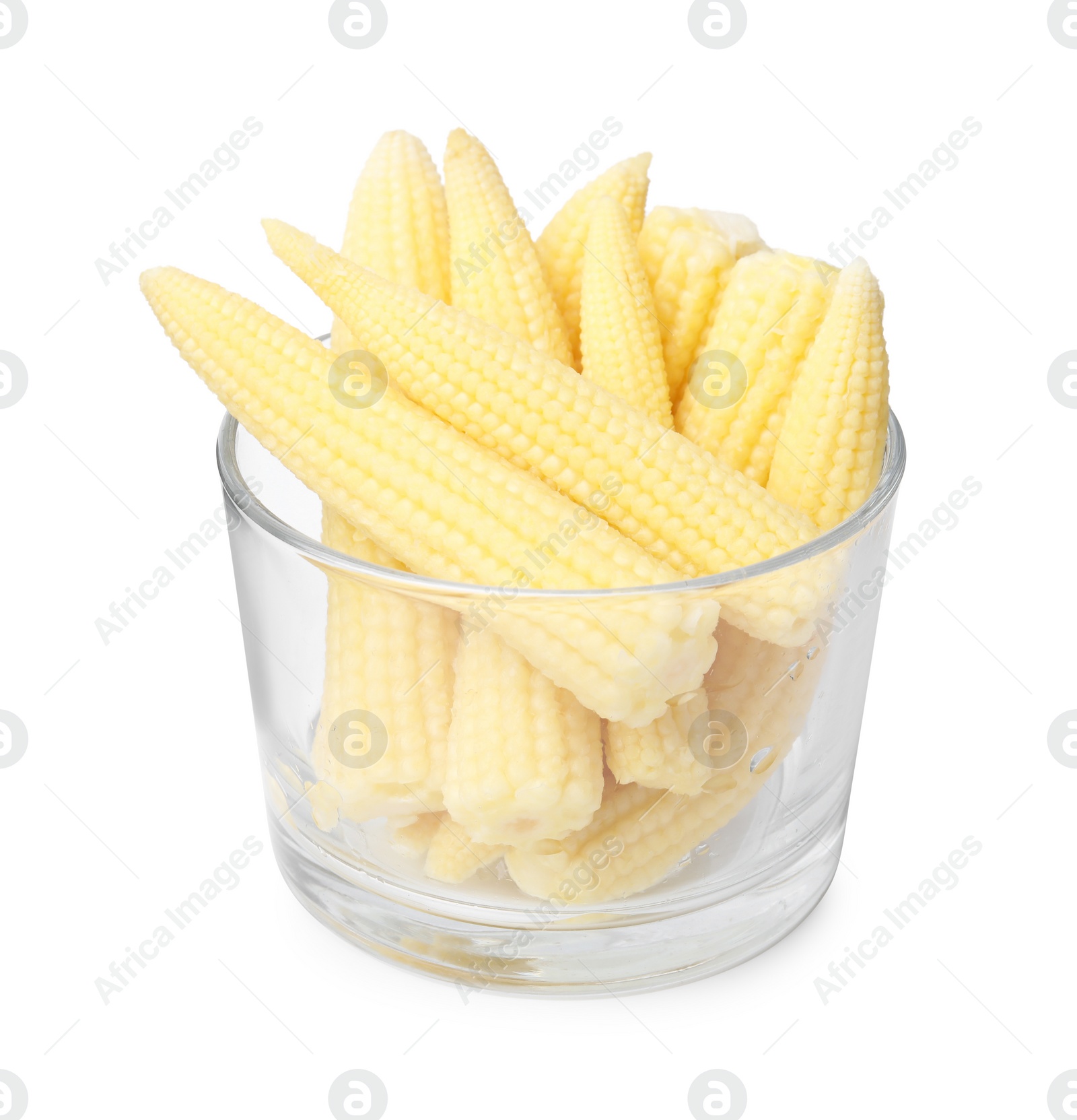 Photo of Tasty fresh baby corn in glass isolated on white