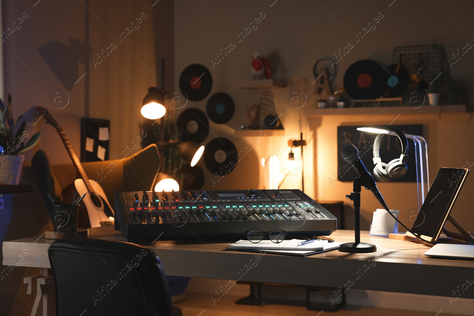 Photo of Professional audio equipment in modern radio studio