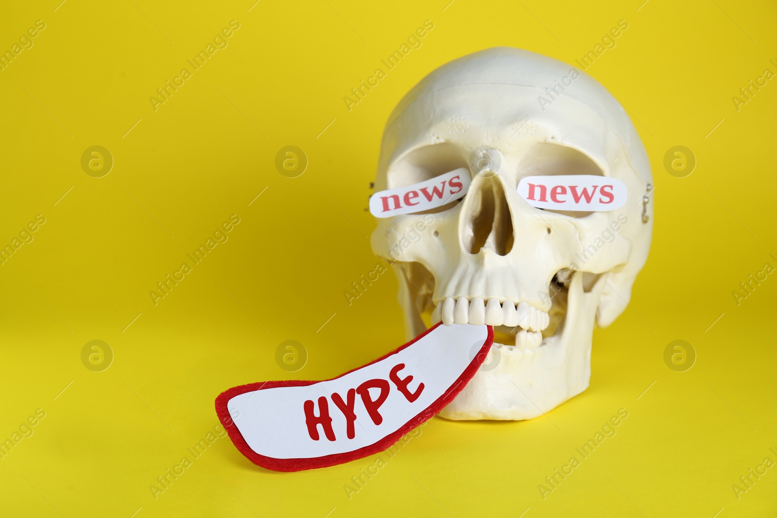 Image of Human skull with paper cards with words Hype and News on yellow background