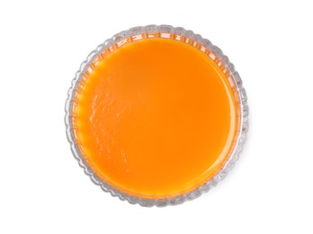 Tasty fresh carrot juice in glass isolated on white, top view