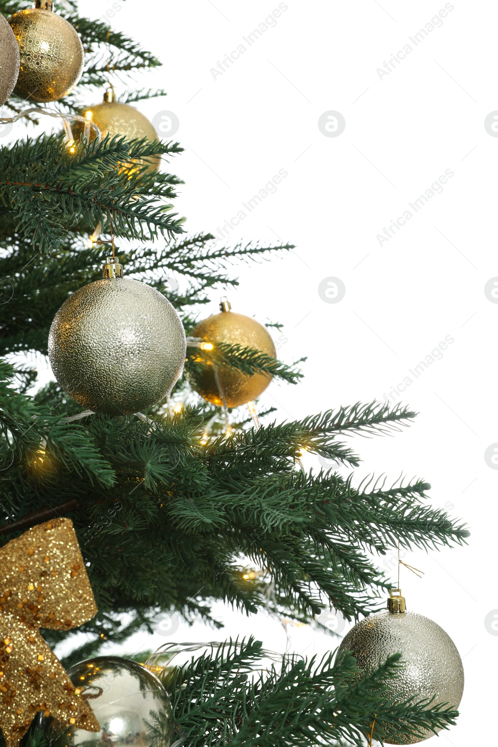 Photo of Christmas tree with beautiful decorations on white background, closeup