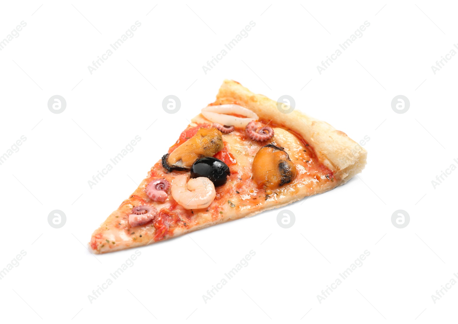 Photo of Slice of tasty pizza with seafood isolated on white