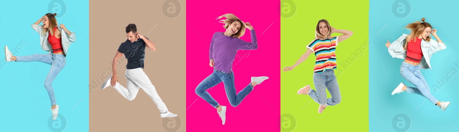 Image of Collage with photos of young people in fashion clothes jumping on different color backgrounds. Banner design