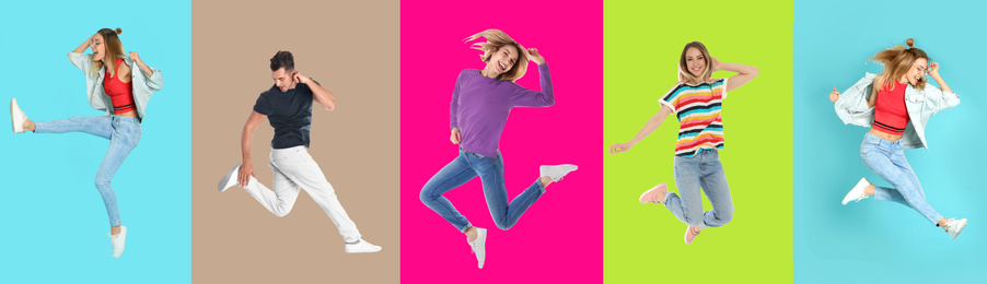 Image of Collage with photos of young people in fashion clothes jumping on different color backgrounds. Banner design