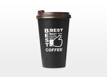 Takeaway paper cup with printed phrases Best Coffee isolated on white