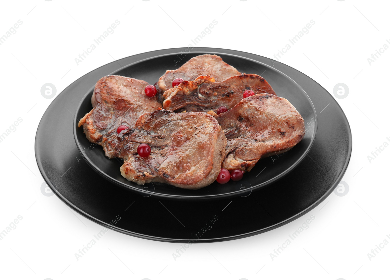 Photo of Tasty beef tongue pieces isolated on white