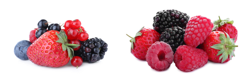 Image of Set of different mixed berries on white background, banner design 