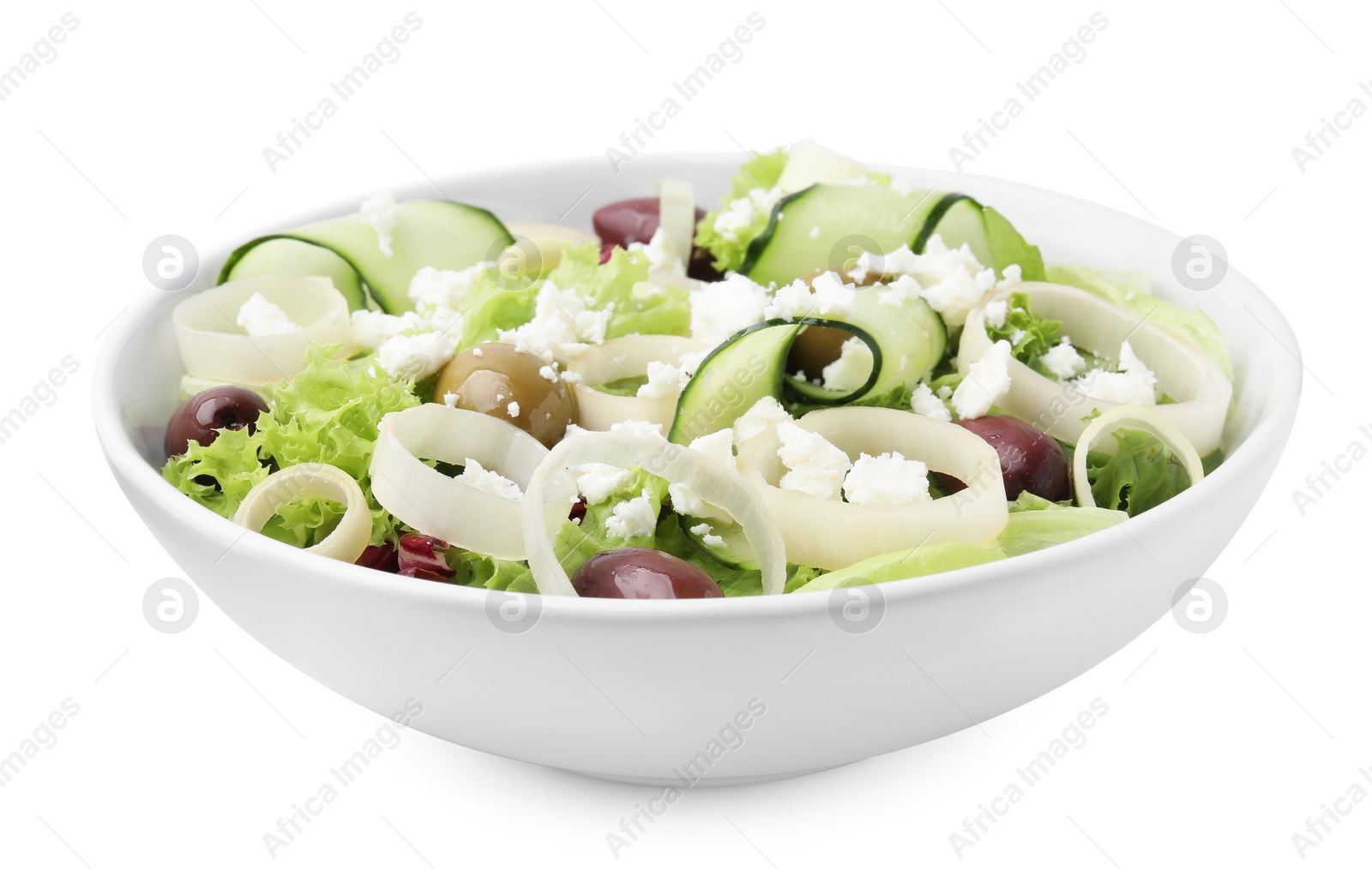 Photo of Bowl of tasty salad with leek, olives and cheese isolated on white