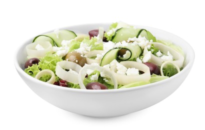 Photo of Bowl of tasty salad with leek, olives and cheese isolated on white