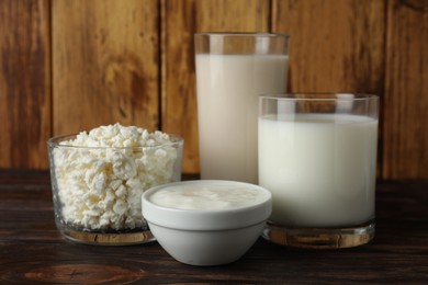 Photo of Fresh lactose free products on wooden table
