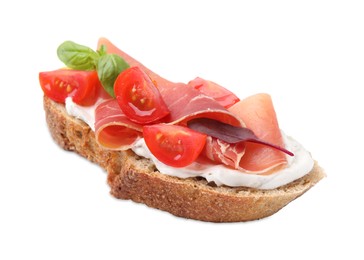Photo of Tasty bruschetta with prosciutto, tomatoes and cheese on white background