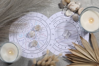 Photo of Zodiac wheel, natal chart, burning candle, astrology dices and stones on grey table, flat lay